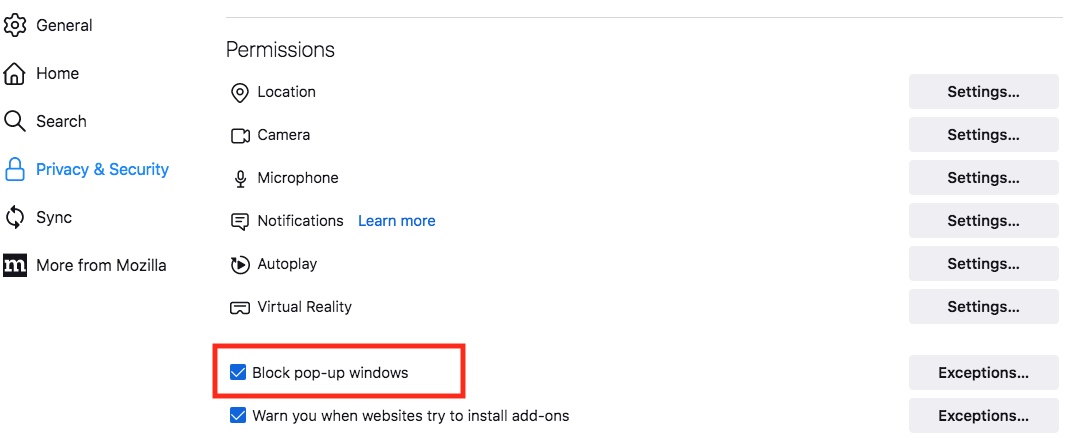 firefox block pop-ups windows 10