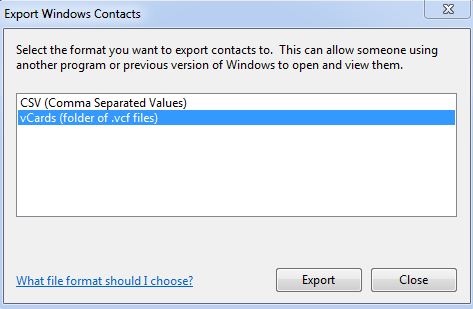 the Export Windows Contacts dialog displaying the vCards (folder of .vcf files) option