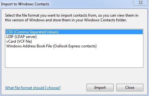 the Import to Windows Contacts dialog displaying the CSV (Comma Separated Values) option