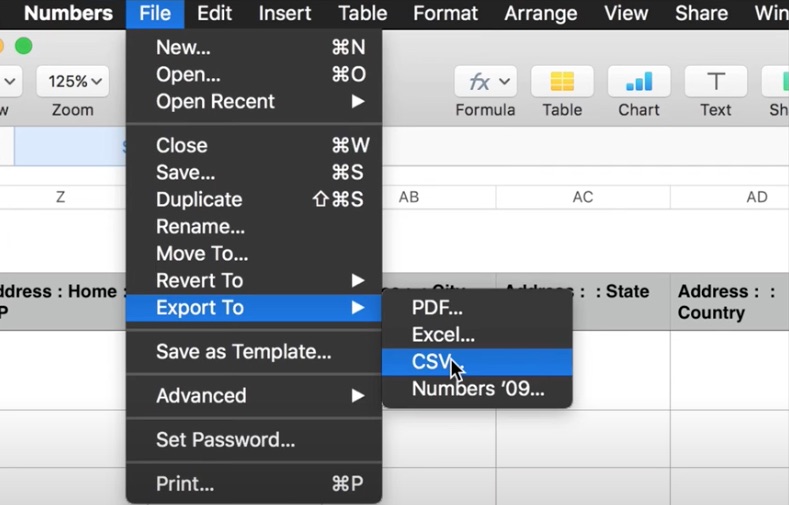 export Apple contacts to CSV via Numbers app