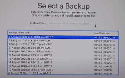 restore missing files time machine select