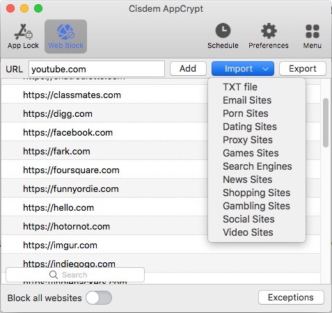 the Block tab showing a URL filed, an Add button, an Import dropdown menu, and more
