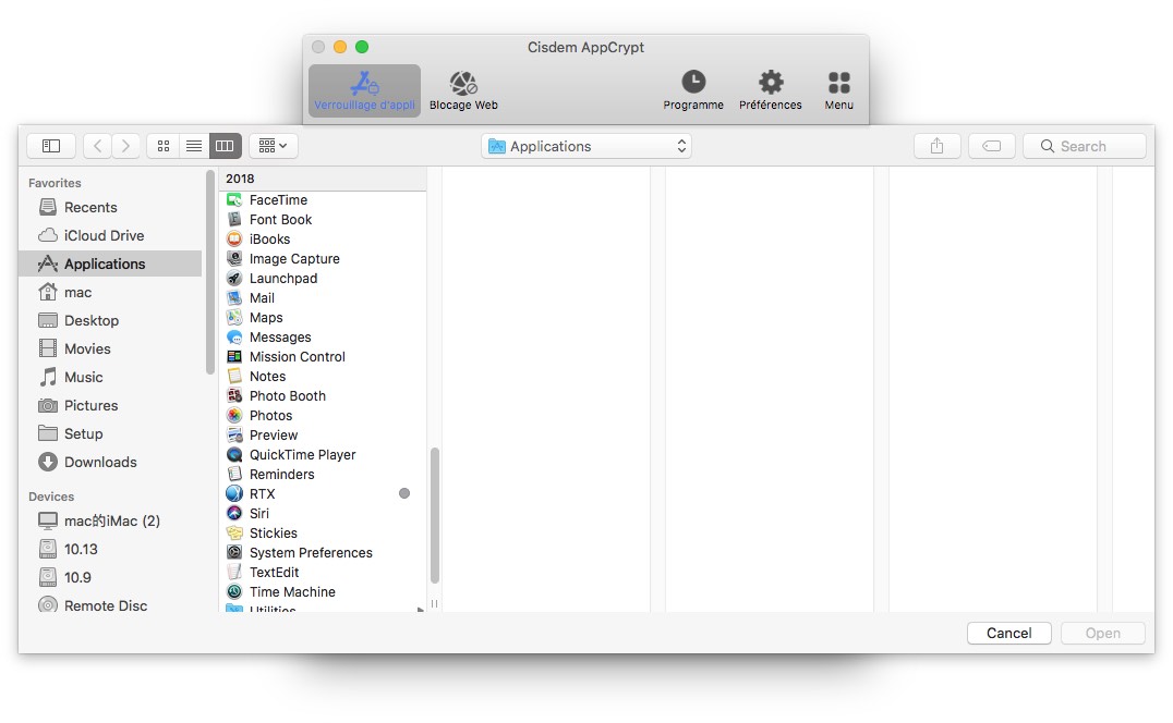 plusieurs applications Mac sont sélectionnées pour être ajoutées au verrouillage