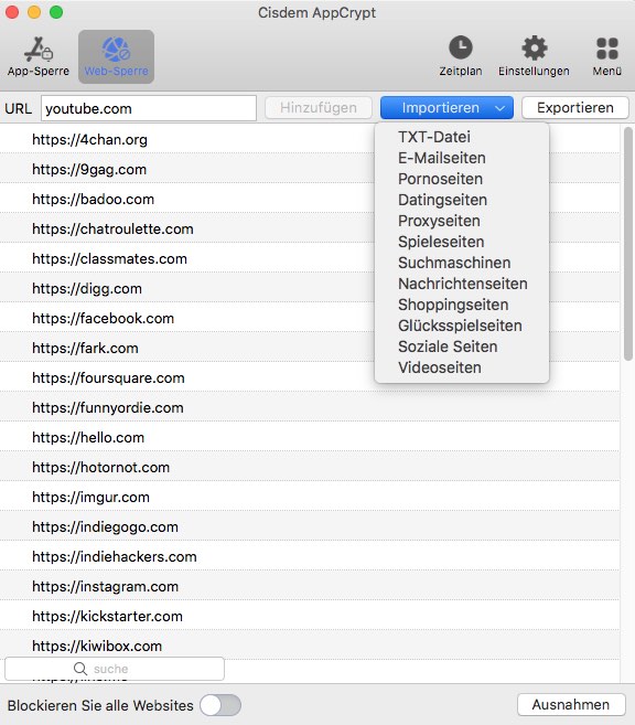 Geben Sie eine zu blockierende Website ein