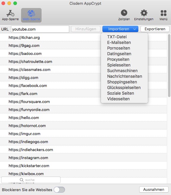 Blockieren Sie eine Website auf dem Mac, indem Sie ihren Domainnamen hinzufügen