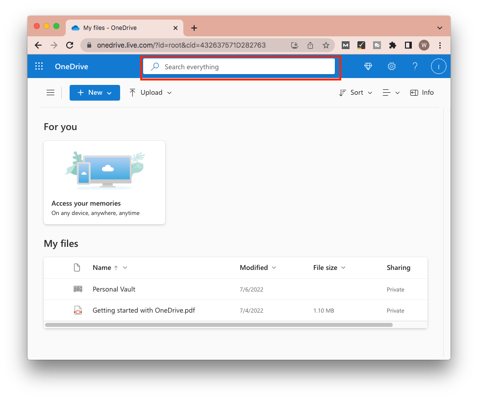 onedrive search box