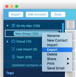 control-clicking the new group brings up the Export option along with other options