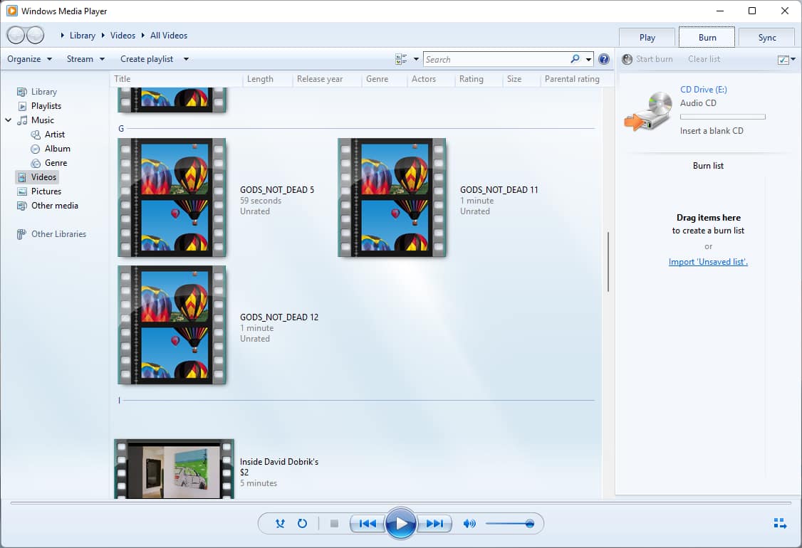 Windows Media Player Burning Interface