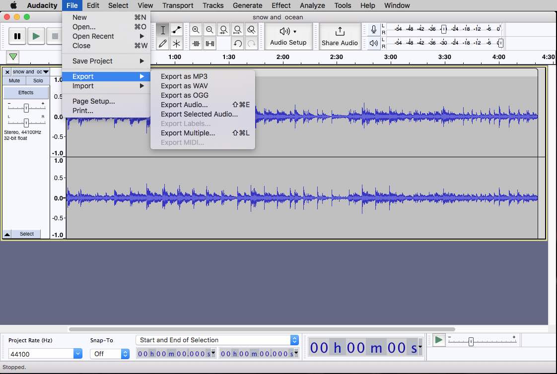 choose output format on audacity