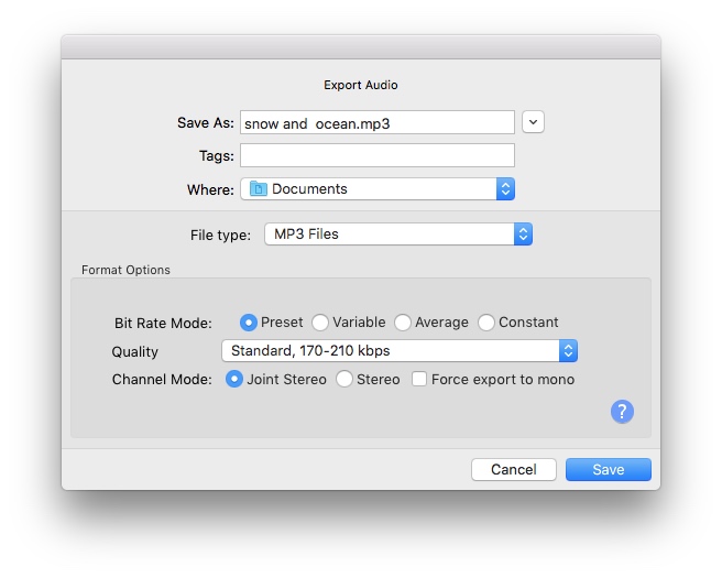 set output name and location on audacity