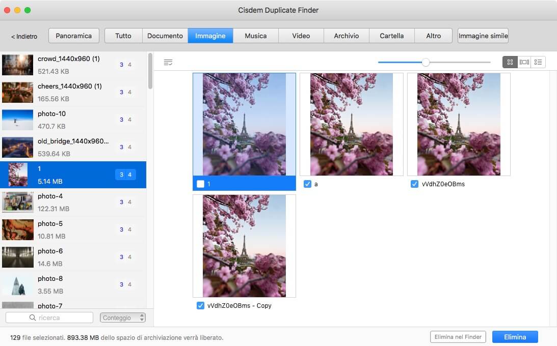 la finestra dei risultati della scansione mostra le foto duplicate che sono state trovate