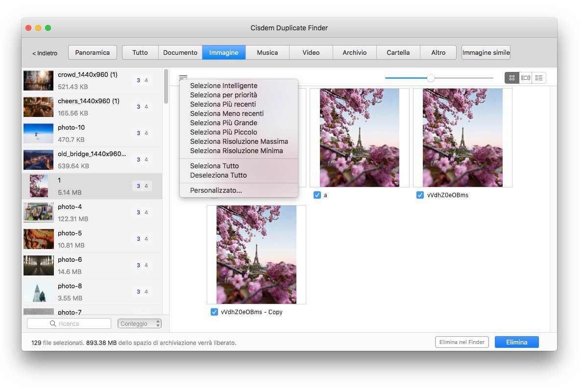 elenco di file duplicati trovati su un Mac