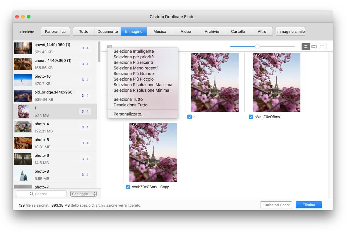 le foto duplicate vengono selezionate per l'eliminazione