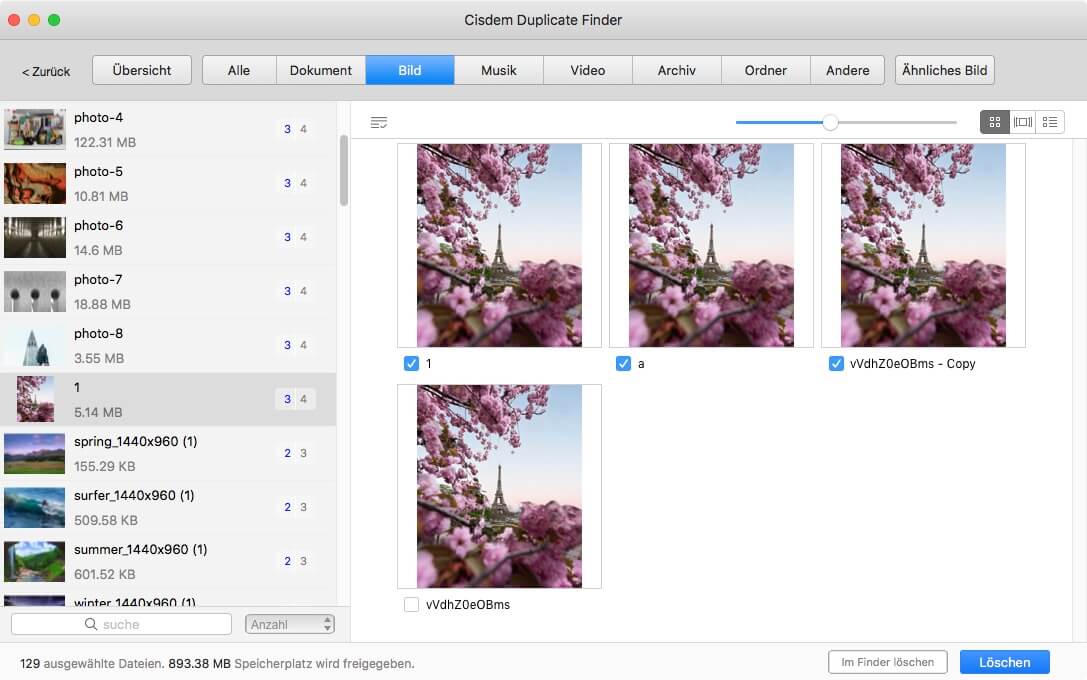 the Images tab displaying the found duplicate photos