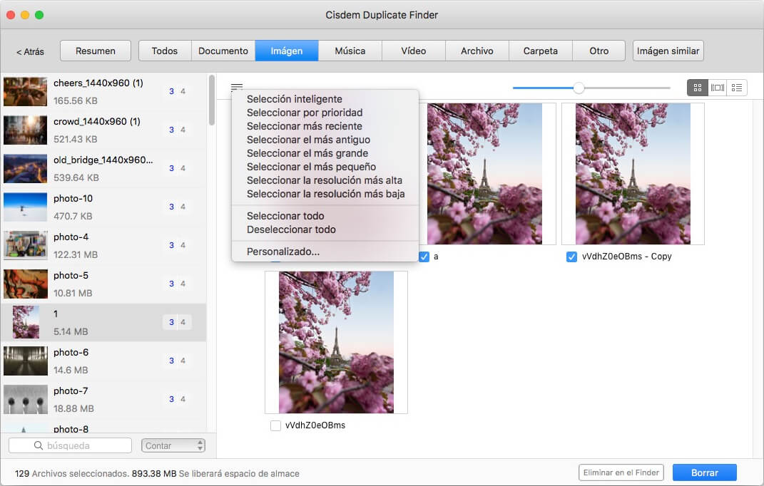 una captura de pantalla que muestra que las imágenes duplicadas están seleccionadas para su eliminación