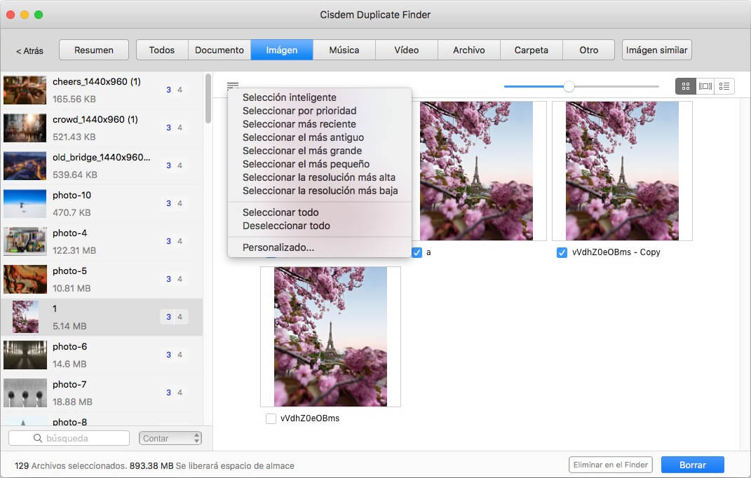las fotos duplicadas se seleccionan para su eliminación