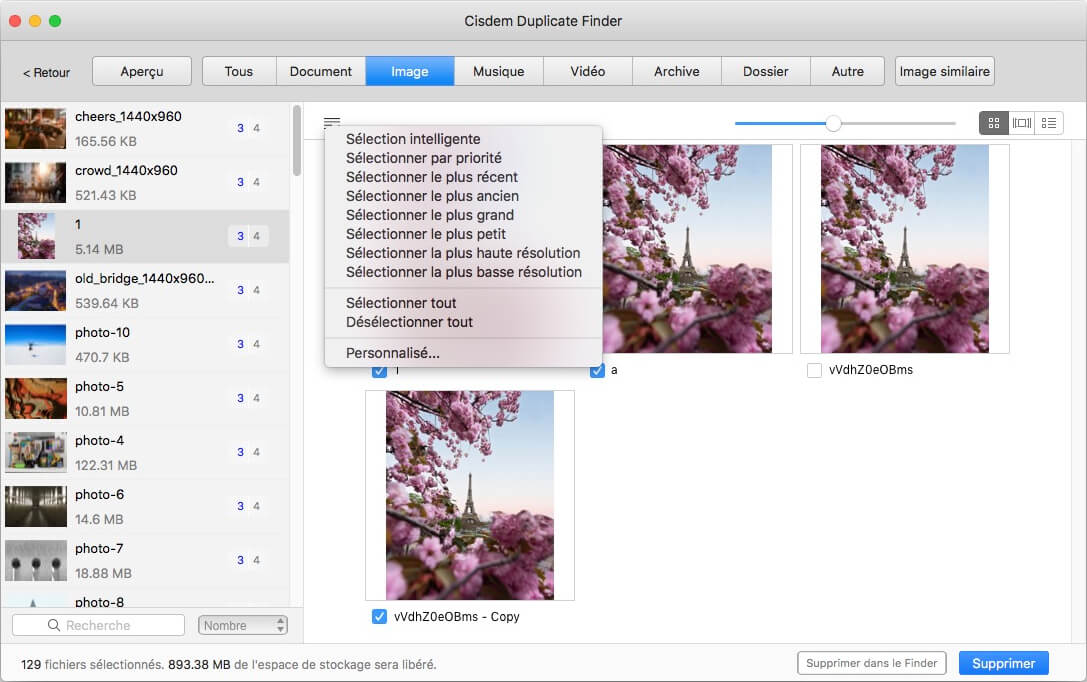une capture d'écran montrant que les images en double sont sélectionnées pour être supprimées