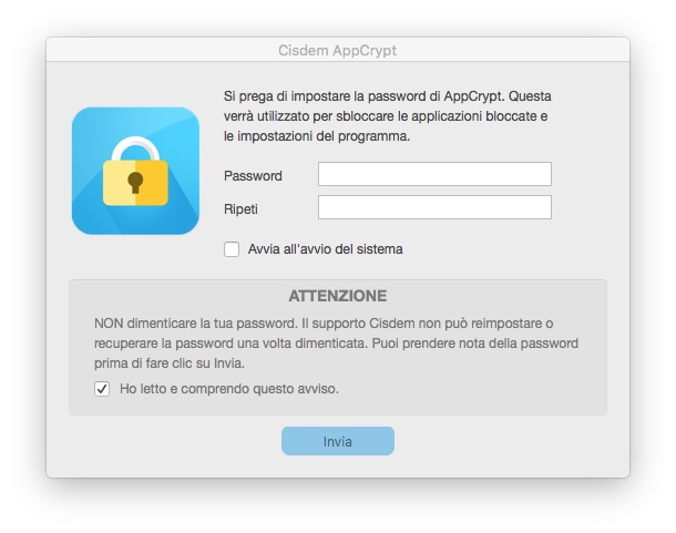 un messaggio che chiede all'utente per la prima volta di impostare una password