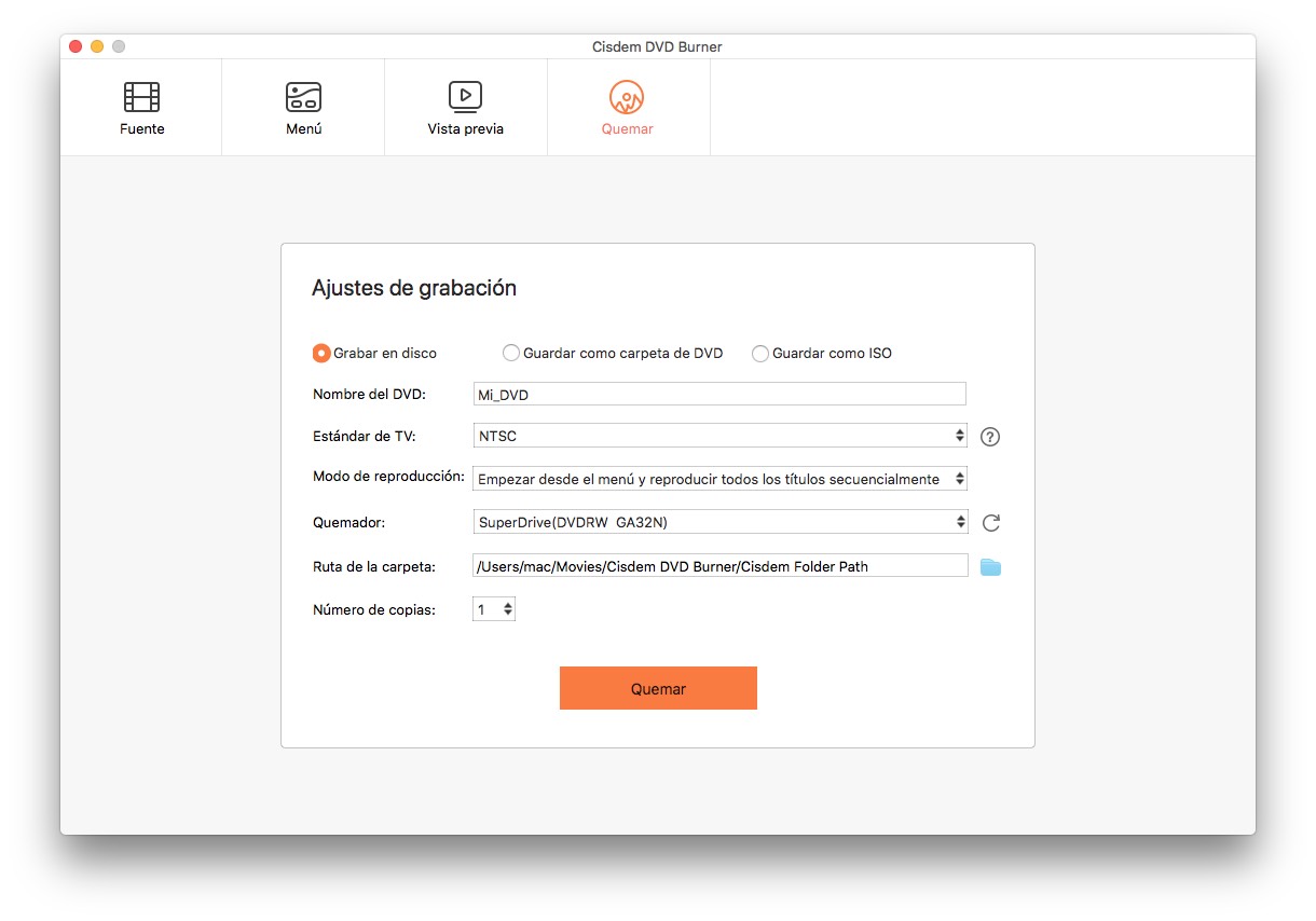 Establecer la configuración de la grabación