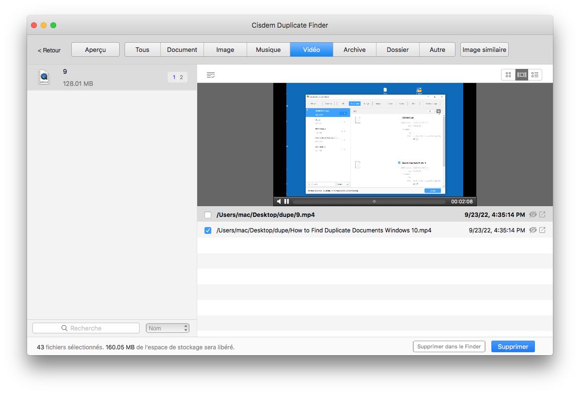 afficher, prévisualiser et supprimer les vidéos en double trouvées