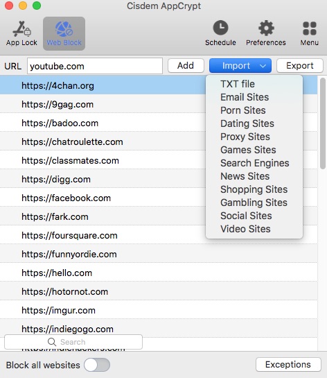 use this URL blocker for Mac to block specific URLs