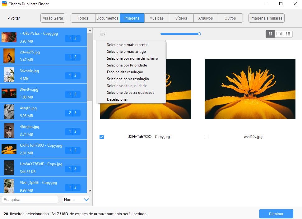 A captura de tela mostrando uma lista de regras de seleção