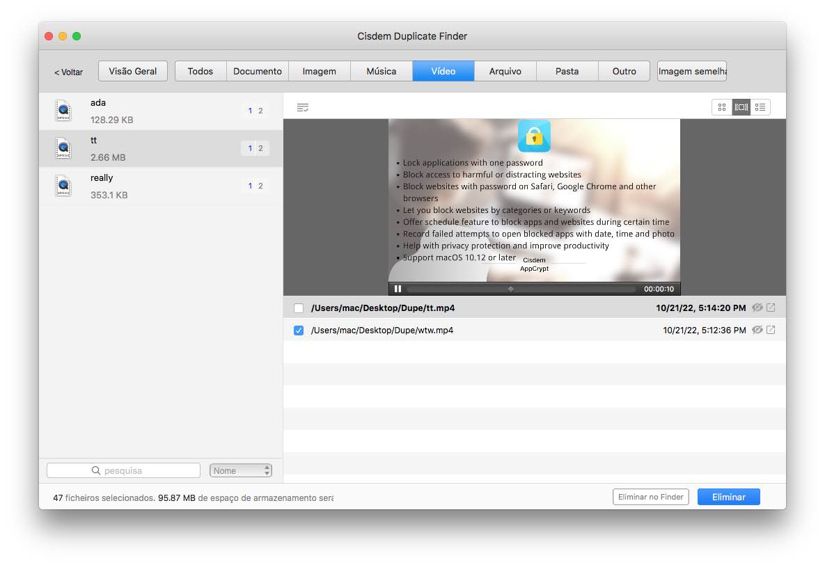 visualize, visualize e exclua os vídeos duplicados encontrados