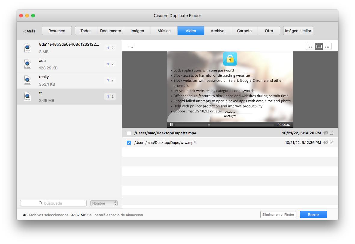 ver, obtener una vista previa y eliminar los videos duplicados encontrados