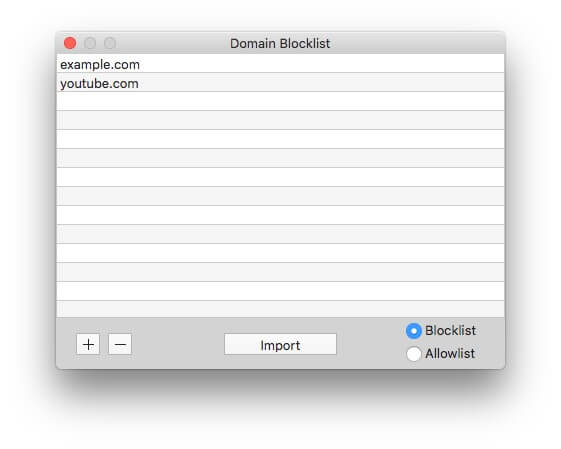 the Blocklist window where you add websites to block