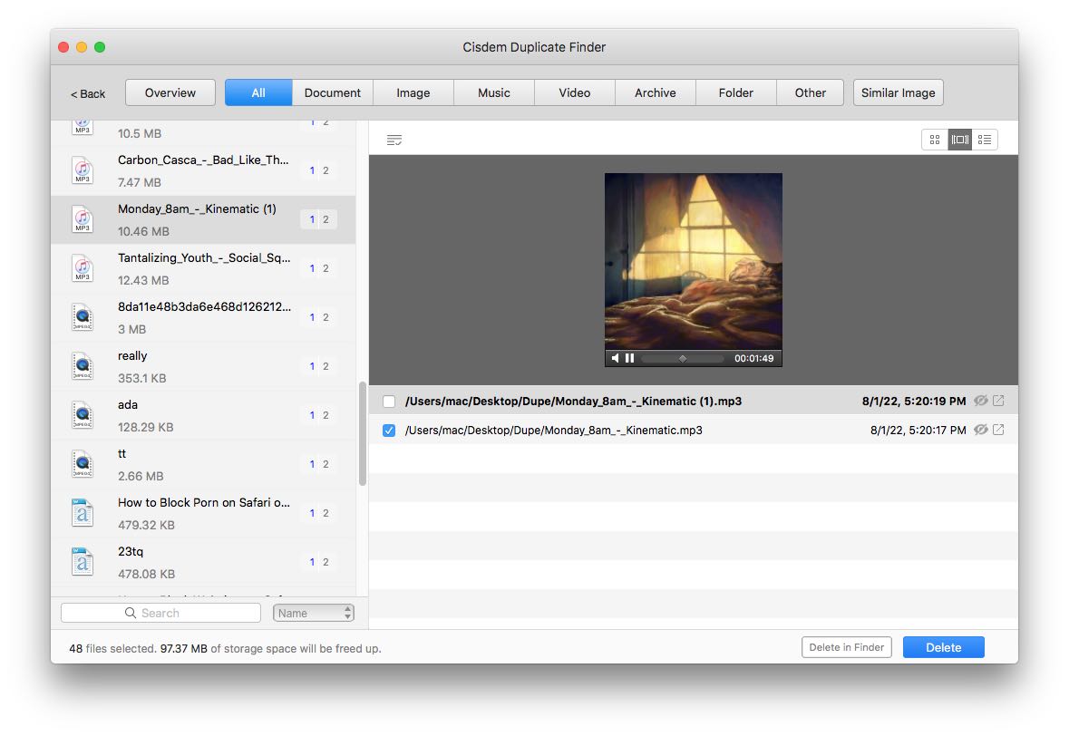 a screen showing several sets of duplicates, including photos and audio files