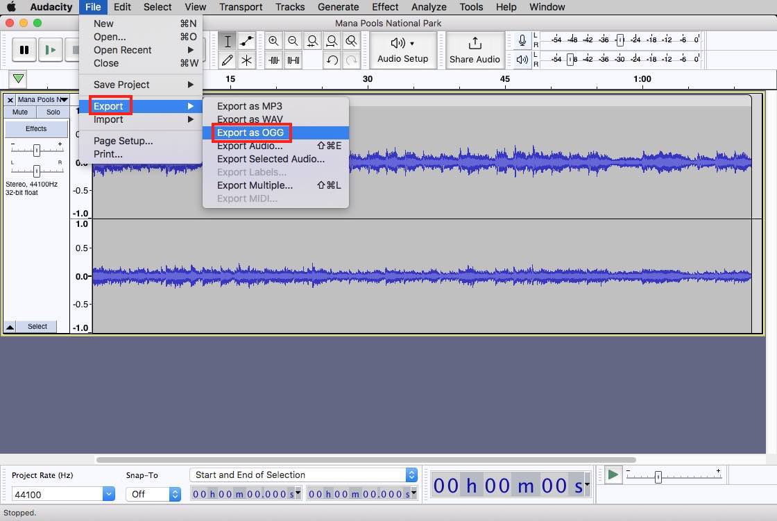 export MP3 as OGG file with Audacity