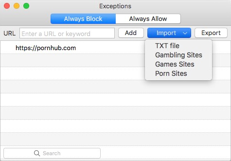 under the Always Block tab in the Exceptions window, a gambling website is added to block