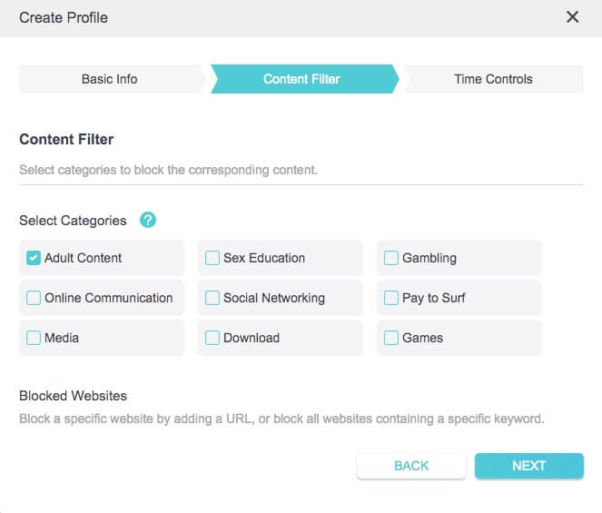 the Adult Content category is selected to block