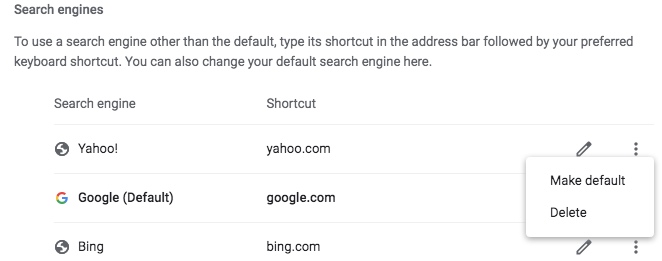 delete yahoo from search engine list