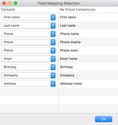 the Field Mapping Selection dialog