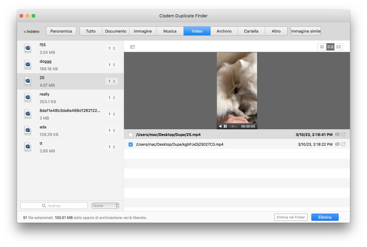 visualizzare, visualizzare in anteprima ed eliminare i video duplicati trovati