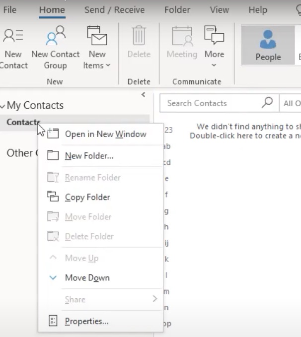 create a new contacts folder on Outlook