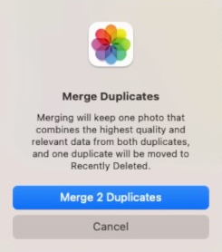 the Merge Duplicates dialog with a message and a Merge button