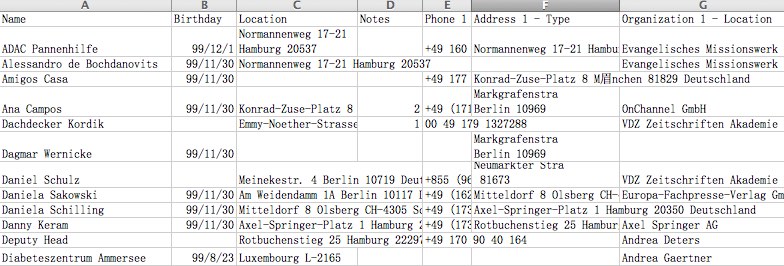 a CSV file with contacts is opened in Excel