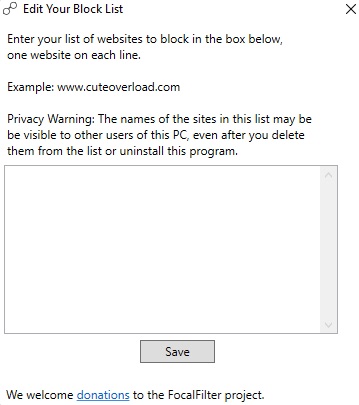 the Edit Your Block List dialog showing a few websites and a Save button