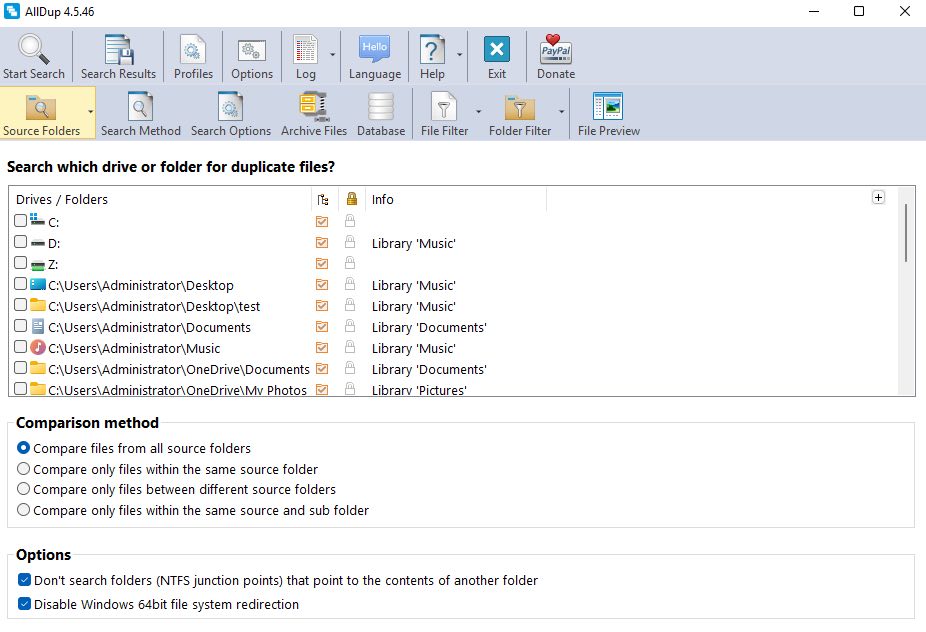 AllDup duplicate file finder main window