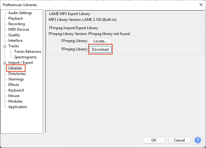 audacity - download ffmpeg library