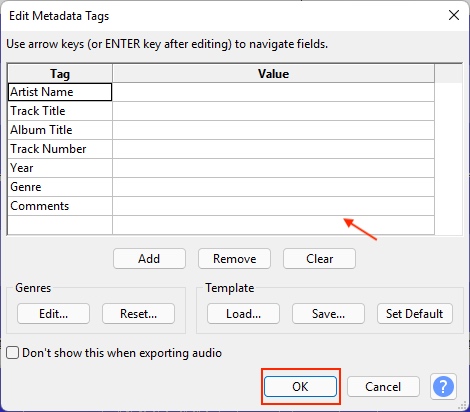 audacity - edit matadata