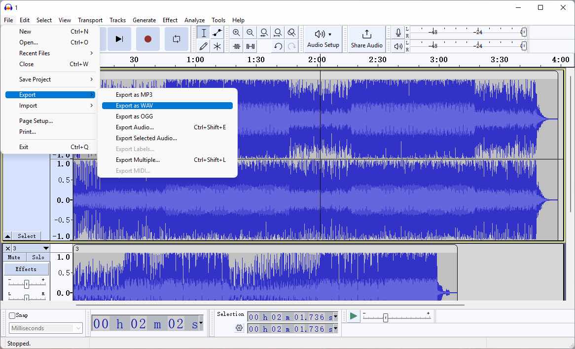 audacity - export as wav