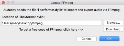 audacity - locate downloaded ffmpeg library