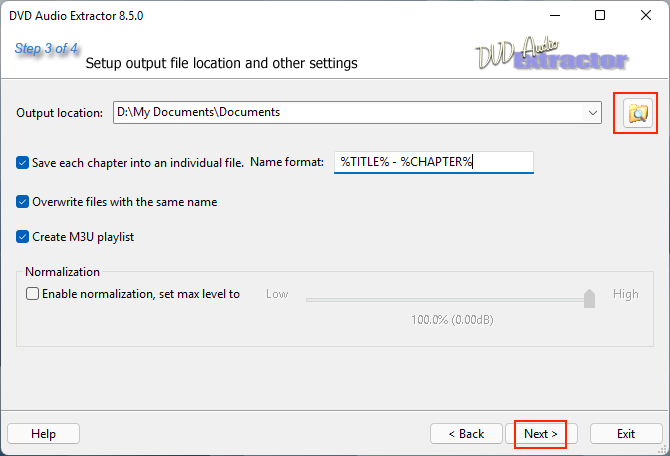 dvd audio extractor: choose output storage folder