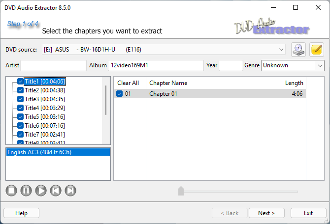 dvd audio extractor: select the titles for ripping