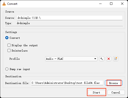 vlc: start to rip audio from dvd