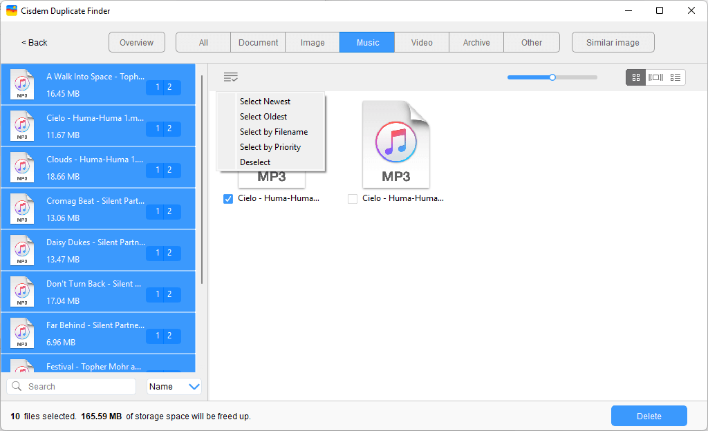 Cisdem Duplicate Finder interface showing several sets of duplicate MP3 files, with for options for selection