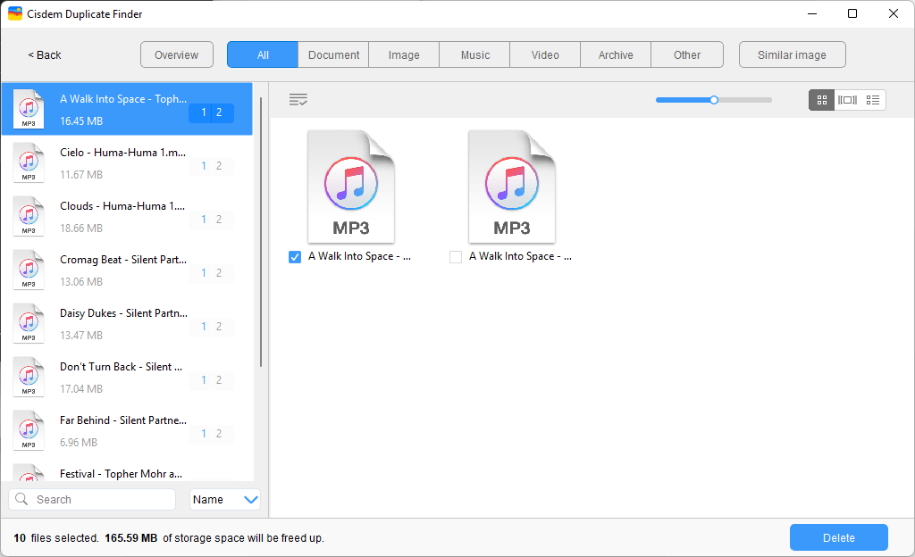 the results window displaying duplicate songs found in iTunes